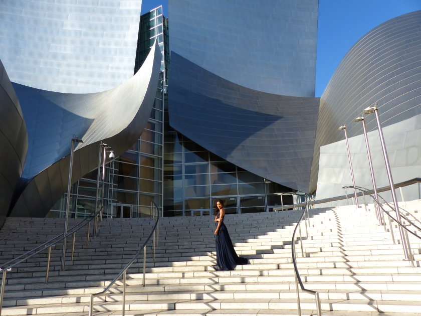 Amanda Garrigus in Kevan Hall on the steps of the Walt Disney Concert Hall